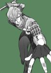  1boy fingerless_gloves gloves green_background hair_over_one_eye hohehohe katana male_focus monochrome personification smile solo sword touken_ranbu uguisumaru weapon 