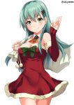 1girl alternate_costume aqua_hair arm_warmers breasts christmas_tree_hair_ornament cleavage collarbone commentary_request detached_collar dress elbow_gloves eyebrows_visible_through_hair gloves green_eyes hair_between_eyes hair_ornament hairclip kantai_collection long_hair looking_at_viewer red_neckerchief sack sakiyamama santa_costume simple_background sleeves_past_wrists smile solo strapless strapless_dress suzuya_(kantai_collection) twitter_username upper_body white_background 