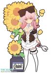  1girl alternate_costume bare_shoulders bow breasts cleavage detached_collar enmaided female flower hair_bow headphones ink_bottle large_bow large_breasts long_hair looking_at_viewer maid nitroplus pink_hair red_eyes scissors smile solo sunflower super_sonico thigh-highs yeounsi 