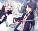  2boys ahoge black_gloves black_hair dutch_angle gloves honebami_toushirou male_focus mittens multiple_boys namazuo_toushirou open_mouth ponytail scarf shovel smile snow snowman sutera_(pixivid9911890) touken_ranbu violet_eyes white_hair winter worktool 