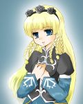  1girl blonde_hair blue_background blue_eyes braid breasts dress flower hairband long_hair open_mouth shirley_fennes tales_of_(series) tales_of_legendia 