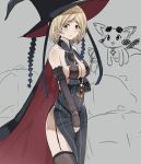  1girl bare_shoulders black_dress black_legwear blonde_hair blush breasts cape cleavage cleavage_cutout cosplay detached_sleeves djeeta_(granblue_fantasy) dragon dress garter_straps granblue_fantasy grey_background hat long_sleeves magisa_(granblue_fantasy) magisa_(granblue_fantasy)_(cosplay) no_bra pelvic_curtain rokuromi short_hair side_slit sideboob simple_background sleeves_past_wrists solo tears thigh-highs vee_(granblue_fantasy) wavy_mouth witch_hat yellow_eyes 