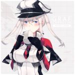  1girl blonde_hair blue_eyes breasts capelet cup eules female gloves graf_zeppelin_(kantai_collection) hat highres kantai_collection large_breasts long_hair peaked_cap solo twintails uniform 
