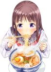  1girl bangs blush bowl brown_hair chopsticks eating egg food highres holding holding_spoon long_hair long_sleeves looking_at_viewer matsuzaki_miyuki neckerchief noodles original ramen school_uniform serafuku shirt simple_background solo spoon violet_eyes white_background white_shirt 