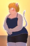  1girl artist_request blonde_hair cat copyright_request fat female furry gradient gradient_background short_hair short_pants solo yellow_eyes 