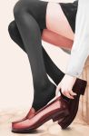 1girl absurdres adjusting_clothes adjusting_shoe black_legwear character_request copyright_request highres kumamon_(a20130122) legs loafers long_sleeves lower_body putting_on_shoes shoe_dangle shoes soles solo thigh-highs thighs undressing zettai_ryouiki 