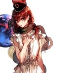  1girl alternate_costume animal animal_around_neck animal_on_shoulder bangs chains dress eyebrows eyebrows_visible_through_hair frills gem hair_between_eyes hand_on_own_chest hat hecatia_lapislazuli hug_(artist) hug_(yourhug) jewelry looking_at_viewer parted_lips planet polos_crown redhead ring simple_background snake solo toga touhou upper_body white_background white_dress 