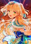  10s 1girl 2015 :d bangs bell blonde_hair blue_bow blue_dress blush bow capelet dated dress eyebrows eyebrows_visible_through_hair fangs frills from_side fur_trim green_eyes headdress ichikura_tokage idolmaster idolmaster_cinderella_girls jewelry jougasaki_rika long_hair looking_at_viewer looking_to_the_side open_mouth outstretched_hand pearl pom_pom_(clothes) signature smile solo upper_body 