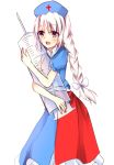  1girl :d blush bow braid dress hair_bow hat large_syringe long_hair looking_at_viewer merukiarisu object_hug open_mouth oversized_object silver_hair smile solo syringe teeth touhou yagokoro_eirin 