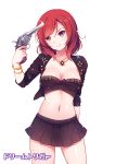  1girl bracelet breasts cleavage collarbone copyright_name dream_trigger euforia finger_on_trigger gun gun_to_head head_tilt holding holding_gun holding_weapon jewelry looking_at_viewer love_live! love_live!_school_idol_project navel nishikino_maki photo_reference pile_(seiyuu) redhead seiyuu_connection short_hair simple_background skirt solo strapless tubetop violet_eyes weapon white_background 