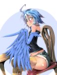  1girl :p ahoge blue_hair blue_wings chair feathered_wings harpy highres legs_crossed monster_girl monster_musume_no_iru_nichijou navel papi_(monster_musume) scales shiny shiny_skin short_shorts shorts sitting smile solo table tongue tongue_out uno_ryoku wings yellow_eyes 