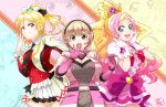  3girls ayase_eli blonde_hair blue_eyes blush breasts crossover cure_flora gloves go!_princess_precure hair_ornament hairclip hand_on_hip haruno_haruka headset kamen_rider kamen_rider_riderbout large_breasts long_hair looking_at_viewer love_live!_school_idol_project magical_girl multicolored_hair multiple_girls open_mouth pink_hair ponytail precure seven_(11) short_hair smile sore_wa_bokutachi_no_kiseki two-tone_hair uniform 