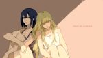  2girls bare_shoulders black_eyes black_hair blonde_hair breasts brown_background chloe_valens cleavage closed_eyes copyright_name dress lips long_hair multiple_girls open_mouth shirley_fennes short_hair sleeping tales_of_(series) tales_of_legendia 