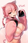  1girl :d animal_costume animal_ears blush breasts cleavage female freckles hair_ornament hooves large_breasts midriff naso4 navel open_mouth original pig_ears pig_girl pig_tail pink pink_background pink_eyes pink_hair ponytail round_teeth simple_background smile solo tail teeth 