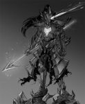  1girl adapted_costume armor clenched_hand dark_souls dragon_slayer_ornstein full_armor full_body gauntlets glowing glowing_eye glowing_eyes grey_background greyscale long_hair monochrome noszle polearm ponytail rock shoulder_pads simple_background souls_(from_software) spear standing undertale undyne undyne_the_undying weapon 