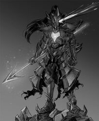  1girl adapted_costume armor clenched_hand dark_souls dragon_slayer_ornstein full_armor full_body gauntlets glowing glowing_eye glowing_eyes grey_background greyscale long_hair monochrome noszle polearm ponytail rock shoulder_pads simple_background souls_(from_software) spear standing undertale undyne undyne_the_undying weapon 