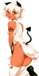  1girl :3 :d absurdres animal_ears ass ass_cutout bare_shoulders black_rock_shooter blush china_dress chinese_clothes dark_skin demon_tail dress earrings hair_between_eyes highres hoop_earrings jewelry leg_up legs_together looking_at_viewer looking_back m-da_s-tarou open_mouth orange_eyes panties scan short_hair side-tie_panties side_slit simple_background skindentation sleeveless smile solo strength_(black_rock_shooter) string_panties tail tareme tattoo thigh-highs tray underwear white_background white_dress white_hair white_legwear white_panties 