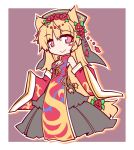  1girl adapted_costume animal_ears black_dress blonde_hair blush_stickers chinese_clothes detached_sleeves dress flower fox_ears hair_flower hair_ornament hemogurobin_a1c junko_(touhou) kemonomimi_mode long_hair long_sleeves looking_at_viewer pink_eyes sleeves_past_wrists smile solo tabard touhou very_long_hair wide_sleeves 