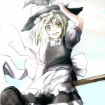  1girl ao-shiba blonde_hair bow broom broom_riding clenched_teeth grin hat hat_bow holding holding_hat kirisame_marisa smile solo teeth touhou witch_hat yellow_eyes 
