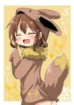  1girl :d ass blush bottomless brown_hair closed_eyes commentary_request eevee eevee_ears eevee_tail fang hair_ornament hairclip highres ikazuchi_(kantai_collection) kantai_collection no_panties open_mouth oshiruko_(uminekotei) pokemon short_hair smile solo 
