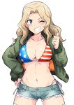  1girl american_flag_bikini bikini bikini_top bikini_under_clothes blonde_hair blue_eyes blush breasts cleavage cutoffs female flag_print girls_und_panzer grin hand_on_hip highres jacket kay_(girls_und_panzer) large_breasts long_hair looking_at_viewer navel one_eye_closed shiny shiny_skin short_shorts shorts side-tie_bikini simple_background skindentation smile solo swimsuit swimsuit_under_clothes thigh-highs thumbs_up tsurui white_background white_legwear 