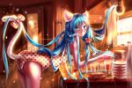  1girl alternate_costume alternate_hairstyle animal_ears bangs bent_over blue_eyes blue_hair blurry blush bokeh bow box cabinet cat_ears cat_tail cup depth_of_field door drinking_glass flower glass hair_flower hair_ornament hatsune_miku highres indoors kemonomimi_mode kona_(koma-m) long_hair looking_at_viewer one-piece_swimsuit paper polka_dot polka_dot_bow polka_dot_swimsuit scroll signature solo sunlight swimsuit tail tail_bow tail_through_clothes unmoving_pattern very_long_hair vocaloid window 