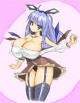  1girl bare_shoulders black_legwear black_panties blue_hair breasts cleavage collarbone curvy fantasy_earth_zero female garter_straps green_eyes huge_breasts jitome kobonta long_hair looking_at_viewer mechanical_pencil panties pantyshot pencil shirt sketch skirt solo standing thigh-highs thighs underwear 