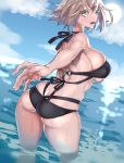  1girl ass bare_shoulders bikini breasts brown_hair butt_crack female green_eyes highres hohehohe kantai_collection large_breasts looking_at_viewer looking_back mutsu_(kantai_collection) open_mouth short_hair sideboob smile solo standing swimsuit water 