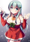  1girl aqua_hair arm_warmers bare_shoulders blush breasts christmas_tree_hair_ornament cleavage detached_collar dress eyebrows_visible_through_hair fukase_ayaka green_eyes hair_ornament holding kantai_collection large_breasts long_hair looking_at_viewer neckerchief night night_sky red_dress sack sky sleeves_past_wrists smile snow solo suzuya_(kantai_collection) upper_body 