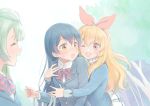  3girls :o ^_^ aikatsu! blazer blonde_hair blue_hair bow bowtie brown_eyes brown_hair closed_eyes company_connection crossover gobou_1000 hair_ribbon hairband hoshimiya_ichigo hug hug_from_behind jacket long_hair looking_back love_live!_school_idol_project minami_kotori multiple_girls one_eye_closed open_mouth red_eyes ribbon school_uniform smile sonoda_umi sunrise_(company) tree 