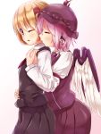  2girls animal_ears bird_wings blonde_hair blush closed_eyes hair_ribbon hat highres hug hug_from_behind juliet_sleeves long_sleeves multiple_girls mystia_lorelei one_eye_closed open_mouth pink_hair pokio puffy_sleeves red_eyes ribbon rumia shirt short_hair skirt skirt_set touhou vest wings yuri 