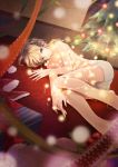  1boy bangs barefoot blonde_hair blue_eyes blurry bound box boxers cable christmas christmas_tree closed_mouth clothes_on_floor depth_of_field dutch_angle gift gift_box glowing headphones highres indoors kagamine_len lamp lying male_focus no_pants no_shirt on_floor on_side ribbon shota smile solo spread_fingers striped underwear vocaloid window wooden_wall yotsuba0052 