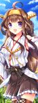  1girl bare_shoulders blue_sky boots brown_hair clouds detached_sleeves double_bun field flower flower_field fukase_ayaka hairband headgear japanese_clothes kantai_collection kongou_(kantai_collection) long_hair nontraditional_miko open_mouth skirt sky smile solo sunflower thigh-highs thigh_boots violet_eyes 