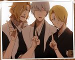  3boys arms bleach blonde_hair eyebrows fingers hair_over_one_eye hands haori ichimaru_gin japanese_clothes kira_izuru multiple_boys one_eye_closed ootoribashi_roujuurou otoribashi_rojuro shihakusho shinigami silver_hair tagme 