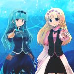 1girl blonde_hair blue_background blue_eyes blue_hair braid breasts dress dual_persona flower hairband heart long_hair open_mouth rose shirley_fennes skirt tales_of_(series) tales_of_legendia 
