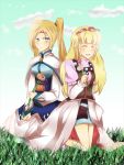  2girls blonde_hair blue_eyes blush braid breasts capelet closed_eyes dress fenimore_xelhes flower long_hair multiple_girls open_mouth rose shirley_fennes skirt tales_of_(series) tales_of_legendia twintails 