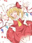  1girl arms_up blonde_hair blush closed_eyes erika_(ym0311) fang flandre_scarlet happy hat open_mouth smile touhou translation_request wings 