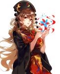  1girl bangs brown_hair crescent eyebrows eyebrows_visible_through_hair flower hair_between_eyes hat hug_(artist) hug_(yourhug) junko_(touhou) long_hair long_sleeves magic pom_pom_(clothes) red_eyes simple_background solo tabard tassel touhou upper_body very_long_hair white_background wide_sleeves 