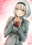  1girl :p absurdres anna_nishikinomiya aqua_eyes blue_eyes blush bubble_background colored_eyelashes hairband hands_clasped hands_together heart highres interlocked_fingers necktie sanilea school_uniform shimoneta_to_iu_gainen_ga_sonzai_shinai_taikutsu_na_sekai short_hair silver_hair solo tongue tongue_out uniform upper_body white_hair 