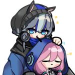  2girls arknights banbon bangs blue_eyes blue_hair blue_poison_(arknights) blush_stickers candy chibi closed_eyes commentary_request food food_in_mouth glaucus_(arknights) hand_on_another&#039;s_head hood hood_up hooded_jacket jacket korean_commentary lollipop long_sleeves low_twintails mouth_hold multicolored_hair multiple_girls pink_hair simple_background smile sparkle twintails white_background yuri 