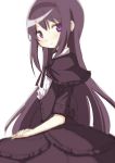  1girl akemi_homura black_dress black_hair dress from_side funeral_dress hairband long_hair looking_at_viewer looking_to_the_side mahou_shoujo_madoka_magica mahou_shoujo_madoka_magica_movie ribbon simple_background solo tsubaki_(tatajd) violet_eyes white_background 