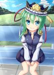  1girl absurdres aqua_hair bench blue_eyes blue_skirt blue_vest blush breast_squeeze breasts commentary_request epaulettes grass hat hat_ribbon highres long_sleeves looking_at_viewer mochizuki_hull nature park_bench red_ribbon ribbon shiki_eiki shirt short_hair sitting skirt small_breasts smile touhou tree unbuttoned white_ribbon white_shirt 