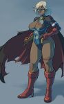  1girl alternate_costume belt black_hair blonde_hair boots breasts cape cleavage cleavage_cutout cutout dark_skin dc_comics female full_body gloves high_heel_boots high_heels large_breasts leotard looking_at_viewer mikoyan power_girl red_shoes shoes smile solo standing 