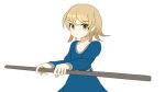  1girl animated animated_gif belt blonde_hair blue_dress close-up dress dust leaf long_sleeves lowres martial_arts original pantyhose petals polearm rose_petals short_hair simple_background solo spinning staff stick sumashi weapon white_background yellow_eyes 