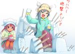  2girls akama_zenta alternate_costume commentary_request kantai_collection kiyoshimo_(kantai_collection) libeccio_(kantai_collection) multiple_girls snow snowball stick translation_request winter_clothes 