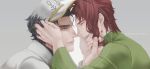  2boys black_hair closed_eyes earrings green_eyes hand_on_another&#039;s_head hat highres jewelry jojo_no_kimyou_na_bouken kakyouin_noriaki kobayashi_(oksk0x0) kuujou_joutarou male_focus multiple_boys noses_touching open_mouth redhead smile translation_request yaoi 