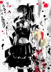  2girls alice_margatroid black_clothes black_hair blonde_hair blood closed_eyes hakurei_reimu highres holding holding_hair looking_at_viewer multiple_girls nyuu_(manekin-eko) red_eyes ribbon shirt touhou translated white_shirt 