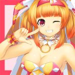  1girl ;) beatmania beatmania_iidx breasts choker cleavage grin hair_ornament hat jester_cap ki_no_rapika km_(km517) one_eye_closed orange_hair pointing pointing_at_self short_hair smile solo strapless twintails upper_body violet_eyes 