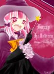  1girl bad_id bow copyright_name fujishiro_otone hair_bow happy_halloween hat mikagura_gakuen_kumikyoku multicolored_hair open_mouth pink_hair smile_(violet) solo twintails two-tone_hair wand white_hair witch_hat 