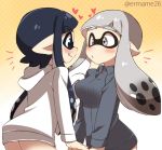  2girls black_eyes black_hair blush breasts domino_mask eromame fang grey_eyes grey_hair heart hood hoodie inkling large_breasts mask multiple_girls no_pants pointy_ears splatoon tentacle tentacle_hair yuri 